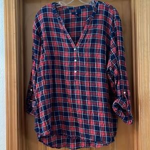 GAP plaid v neck shirt, coral and navy